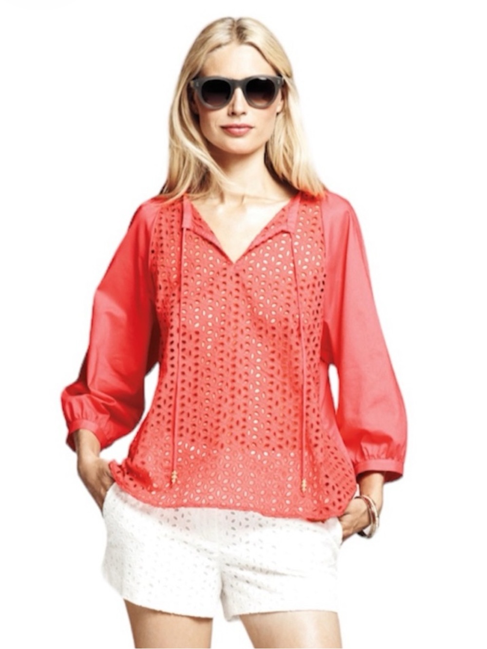 Peter Som Orange Coral Eyelet Blouse With Beaded Ties XS